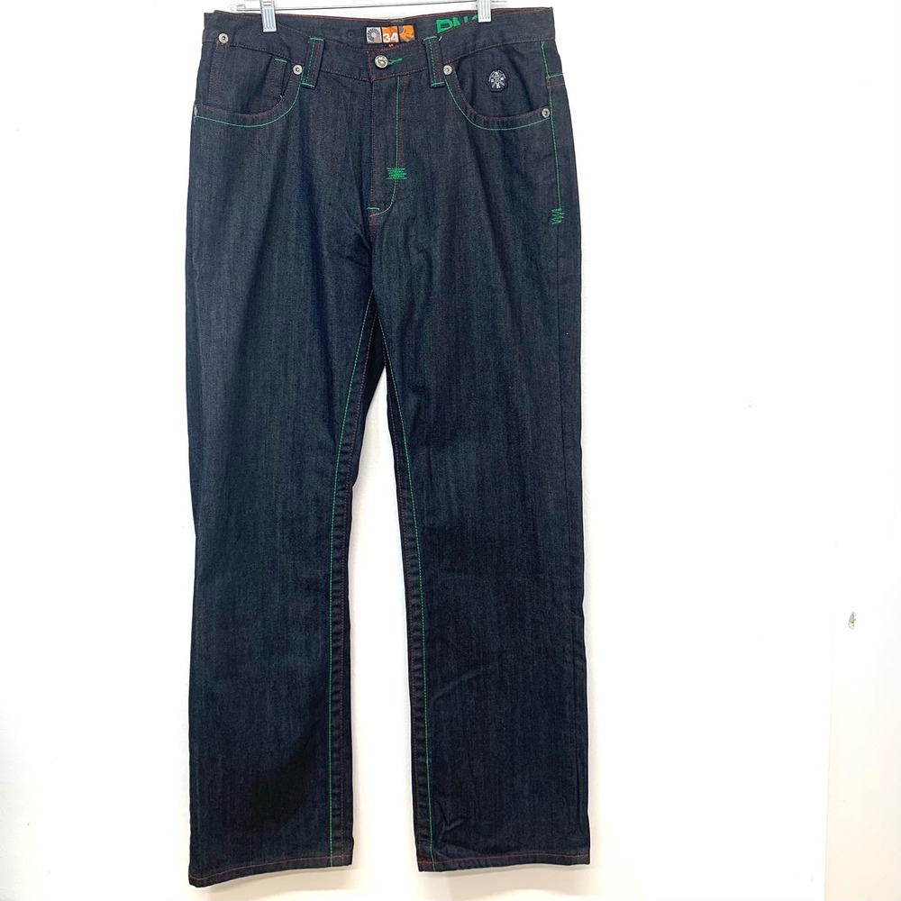 Akademiks Y2K Denim Jeans 34 Hip Hop Contrast Stitch Baggy Embroidery Streetwear